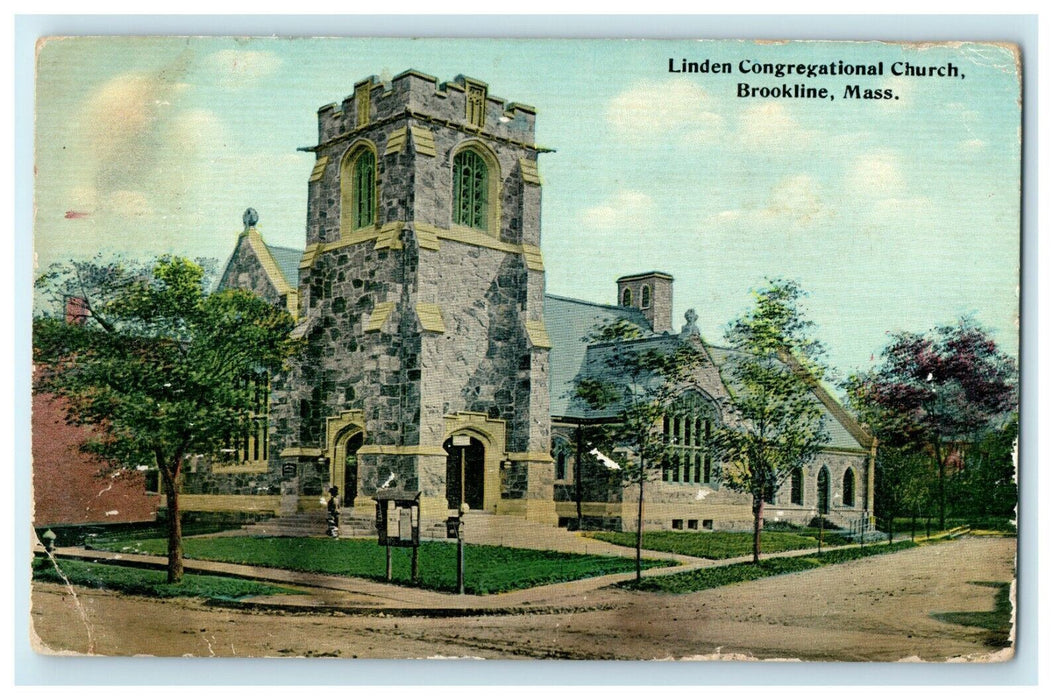 1919 Linden Congregational Church Brookline Massachusetts MA Antique Postcard