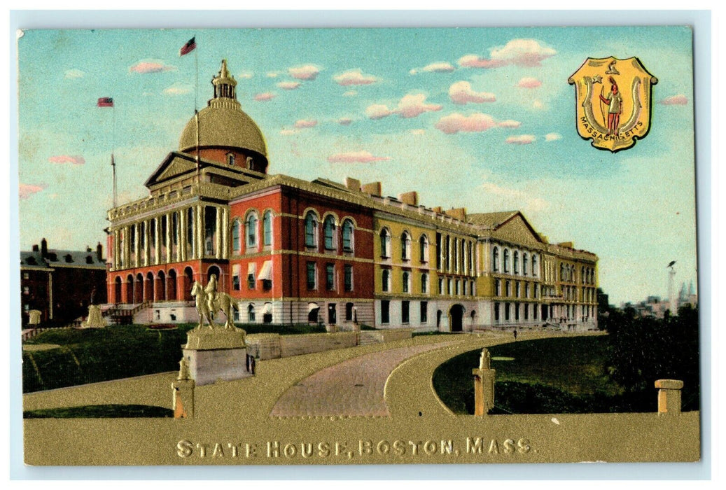 Boston Massachusetts State House Hooker Statue Embossed MA Glitters Postcard