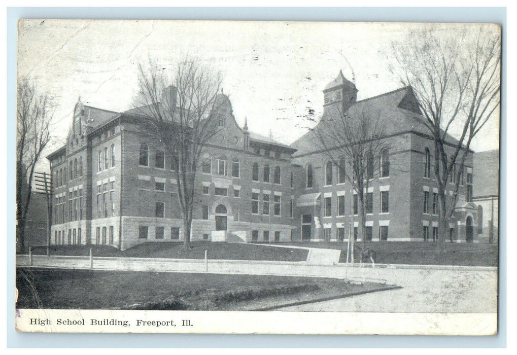 1908 Exterior of High School Building, Freeport Illinois IL Antique Postcard