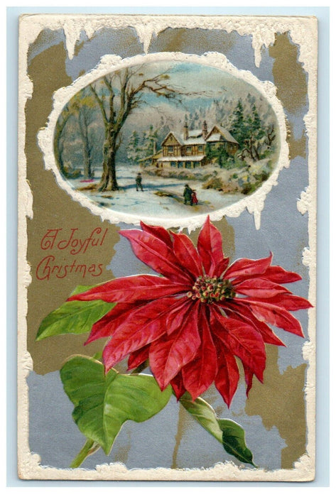 1909 A Joyfuy Christmas Family Scene In Winter Poinsettia Winsch Back Postcard