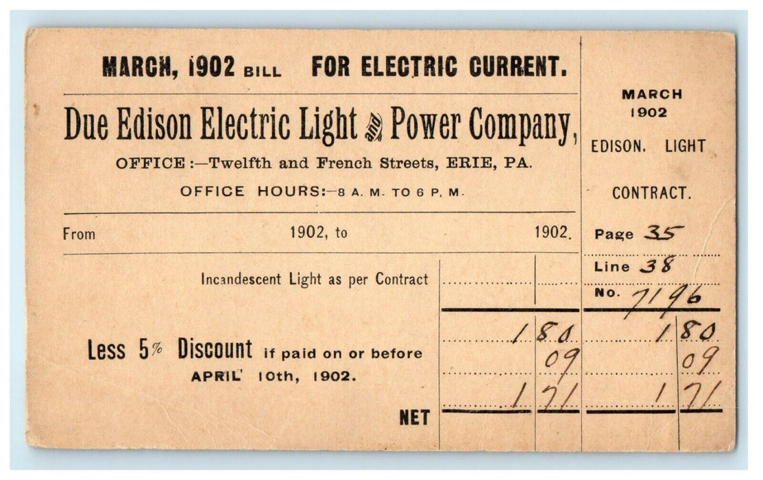 1902 Edison Light Power Company Bill Erie Pennsylvania PA Advertisement Postcard