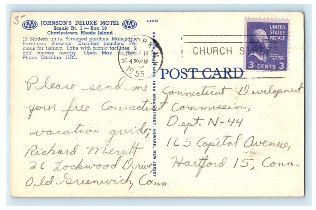 1955 Johnson's Deluxe Motel, Charlestown Rhode Island RI Cancelled Postcard