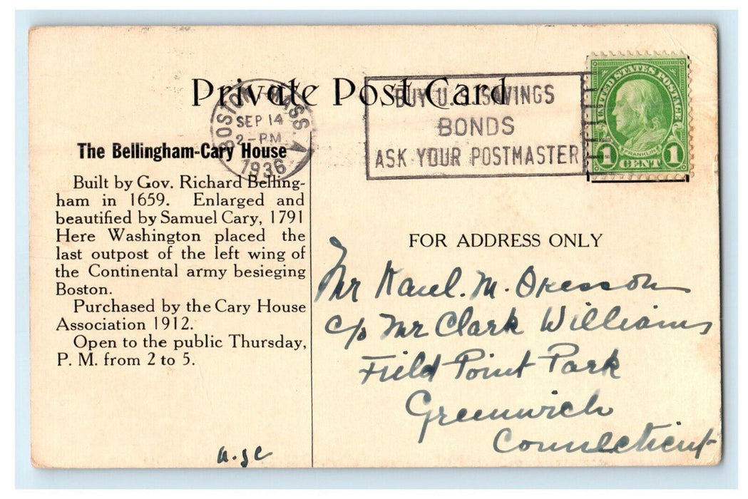 1936 The Bellingham-Cary House, Chelsea, Massachusetts MA Cancel Posted Postcard