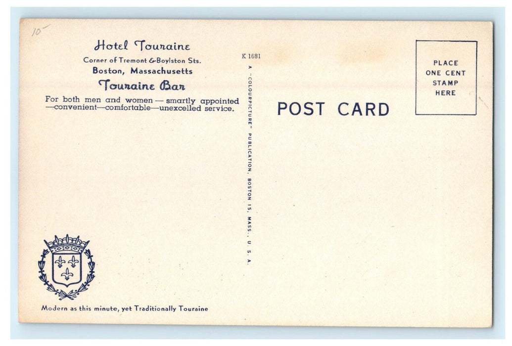 The Touraine Bar And Hotel Boston Massachusetts MA Unposted Postcard