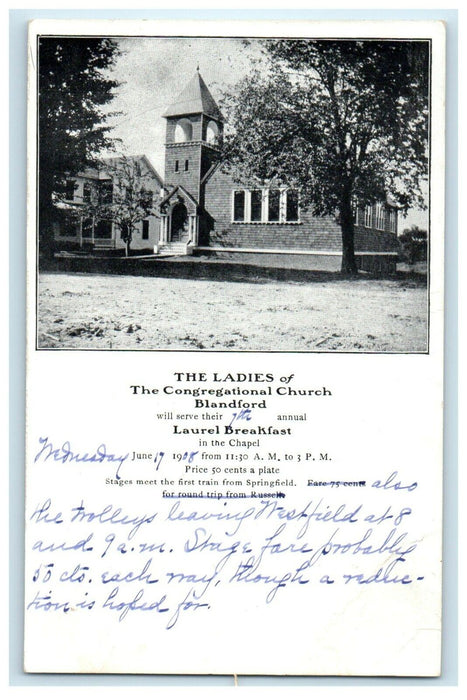 1908 Congregational Church Advertising Blandford Massachusetts MA Thick Postcard