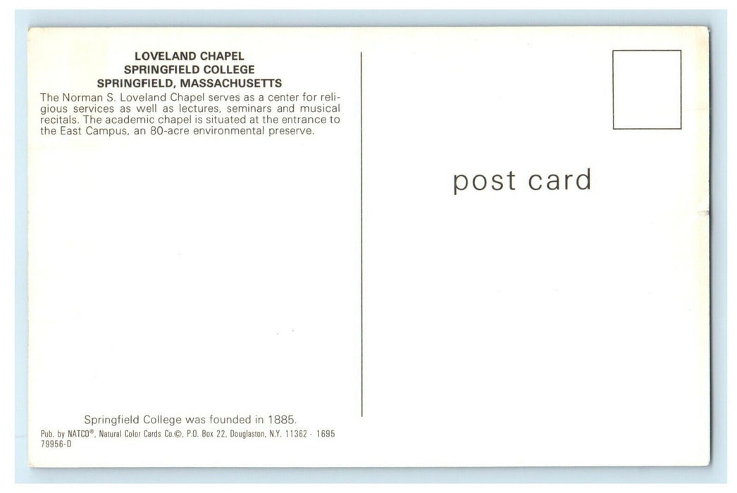 c1950's Loveland Chapel Springfield College Springfield Massachusetts Postcard