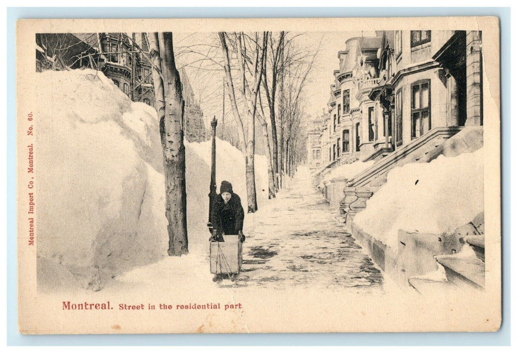 c1905 Montreal Residential Street Quebec Canada Child Boy Snow Winter Postcard