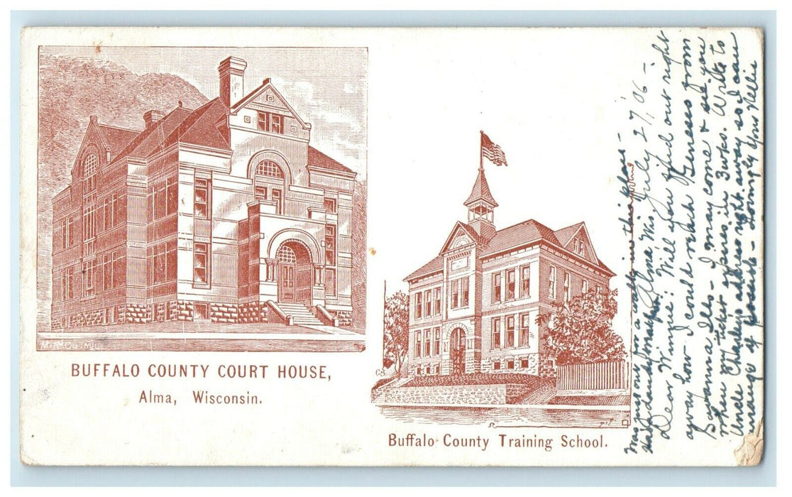 1906 Buffalo County Court House and Training School, Wisconsin WI Postcard
