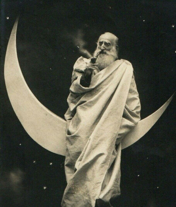 1902 Old Man Robes Smoking Pipe Crescent Moon Paris Paper Photo RPPC Postcard