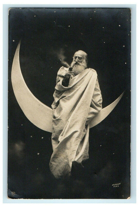 1902 Old Man Robes Smoking Pipe Crescent Moon Paris Paper Photo RPPC Postcard