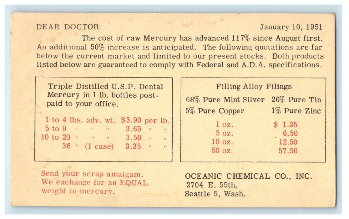 1951 Oceanic Chemical Co. Seattle WA Mercury Dentist Advertising Postcard