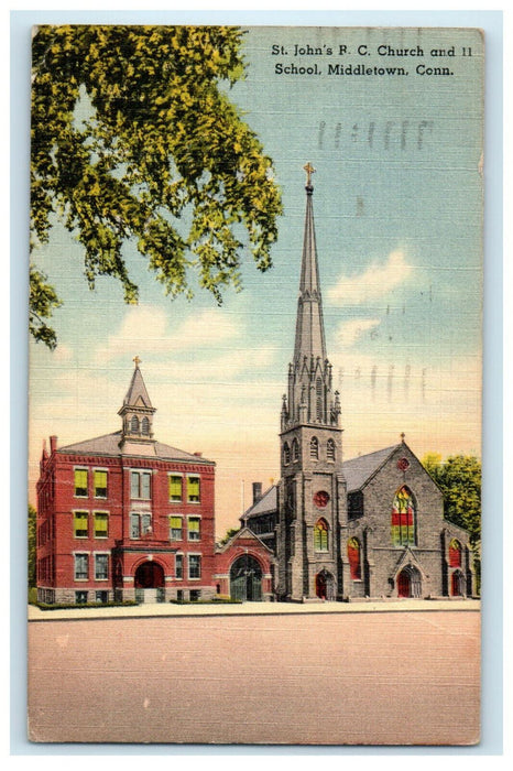 1957 St. John's F.C. Church and II School Middletown Connecticut CT Postcard
