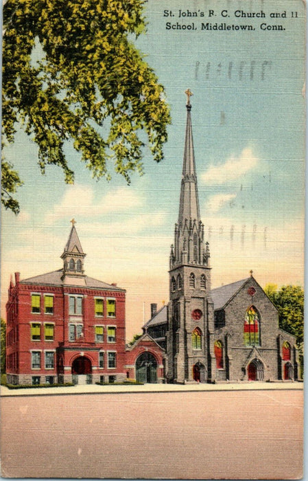 1957 St. John's F.C. Church and II School Middletown Connecticut CT Postcard