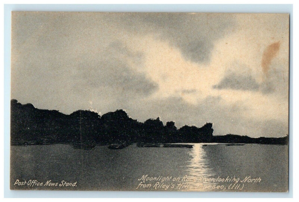 1912 Moonlight on Rock River, Geneseo Illinois IL Antique Postcard