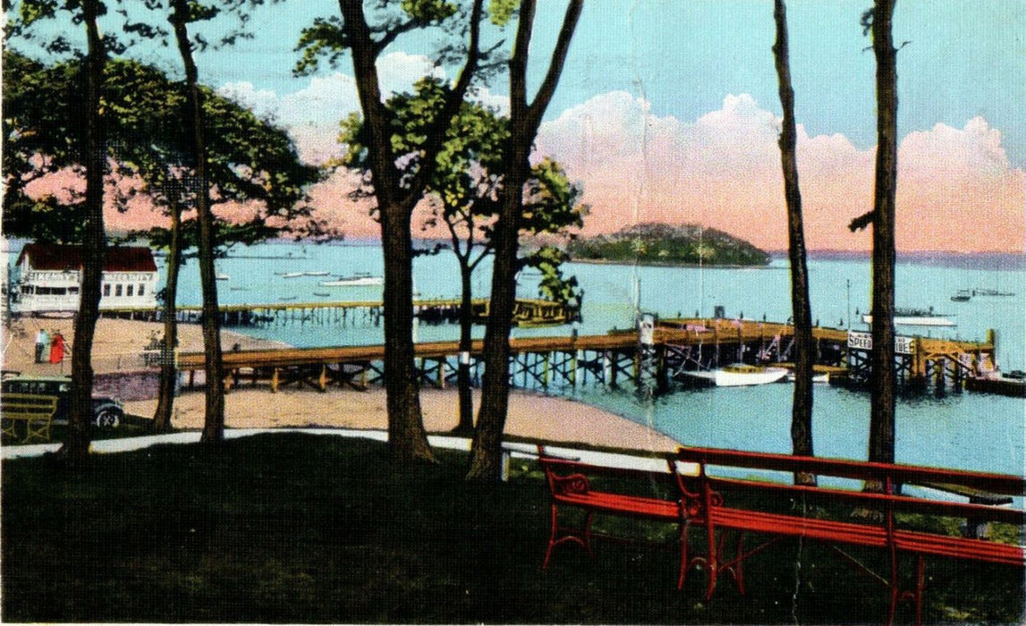 1934 Two Piers and Wicket Island, Onset Bay, Massachusetts MA Vintage Postcard