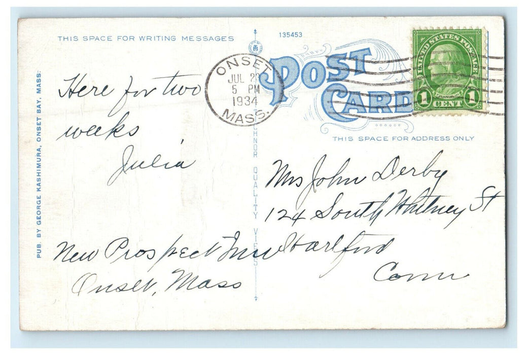 1934 Two Piers and Wicket Island, Onset Bay, Massachusetts MA Vintage Postcard