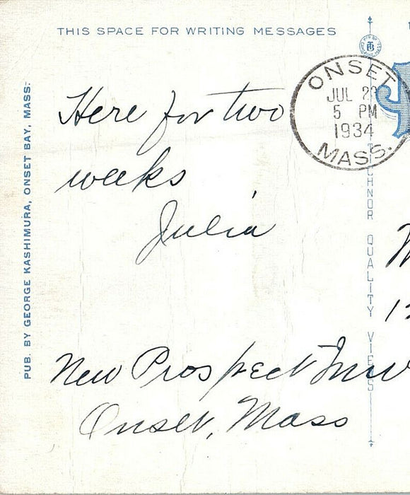 1934 Two Piers and Wicket Island, Onset Bay, Massachusetts MA Vintage Postcard