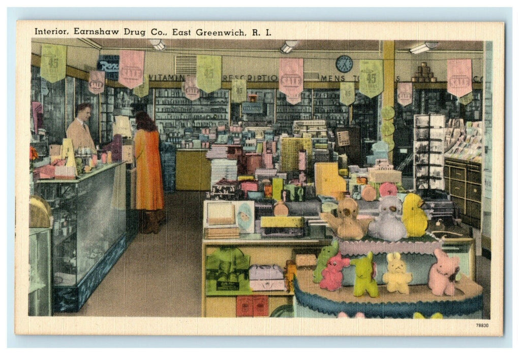 1912 Interior, Earnshaw Drug Co. East Greenwich Rhode Island RI Postcard