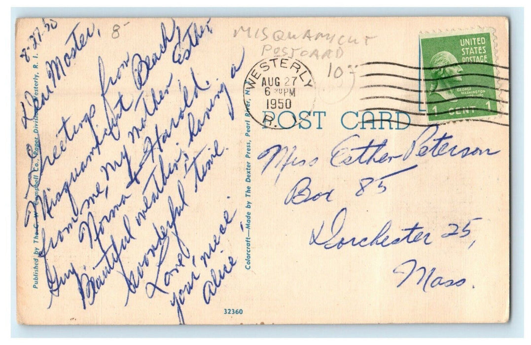 1950 Greetings from Atlantic Beach, Misquamicut Rhode Island RI Postcard