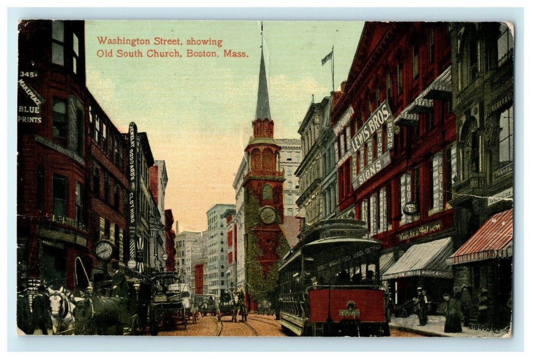 Washington Street Showing Old South Church Boston Massachusetts MA Postcard