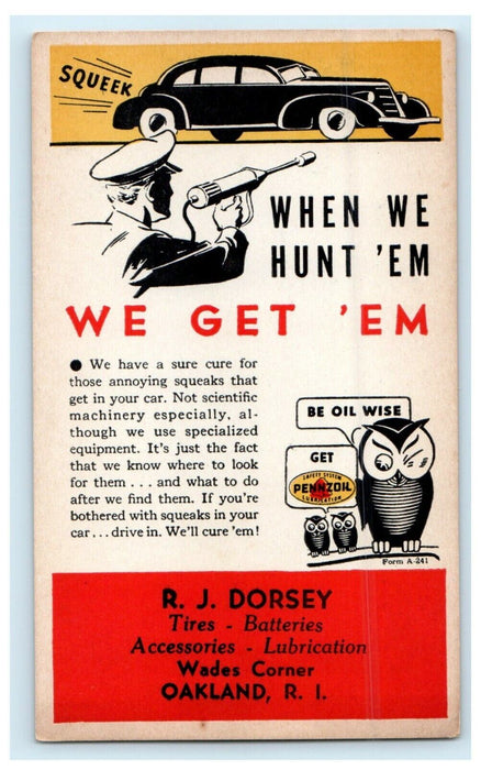 c1940's Pennzoil Advertising Oakland Rhode Island RI Owl Hunting Car Postcard