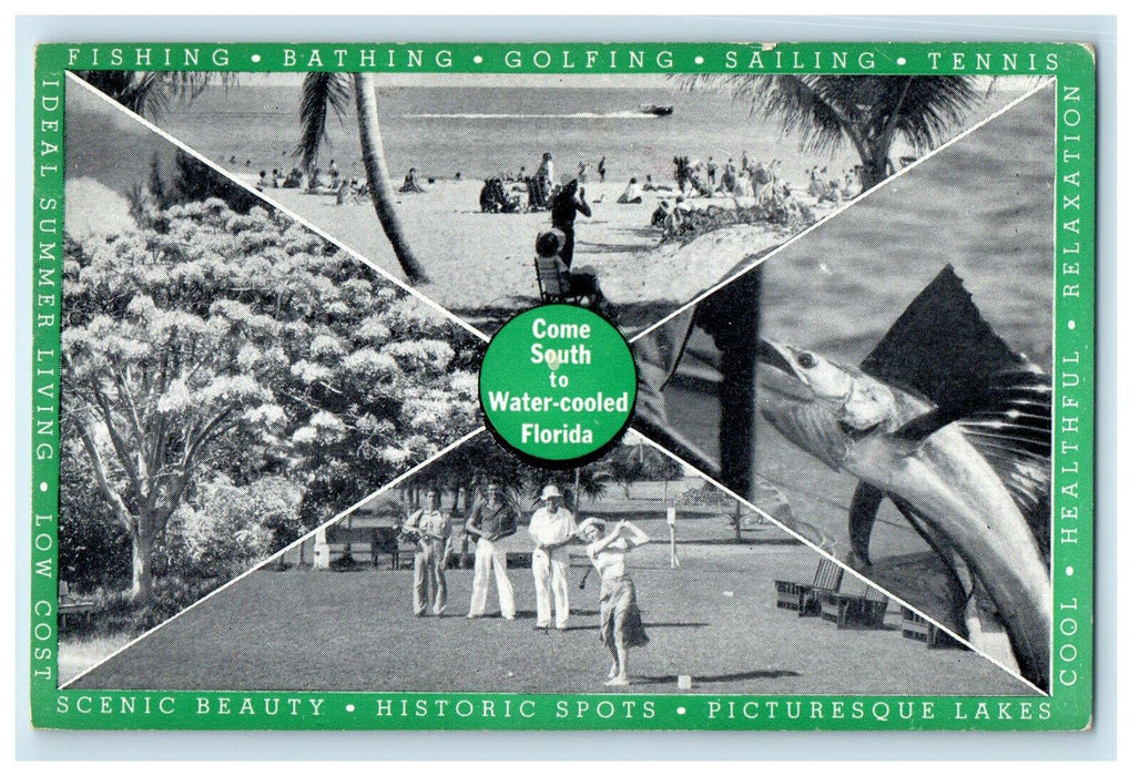 1938 Multiview, Come South to Water Cooled Florida, FL Summer Gram Postcard