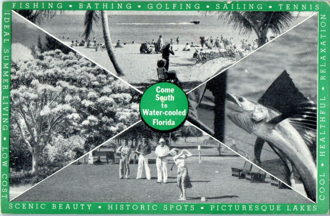 1938 Multiview, Come South to Water Cooled Florida, FL Summer Gram Postcard