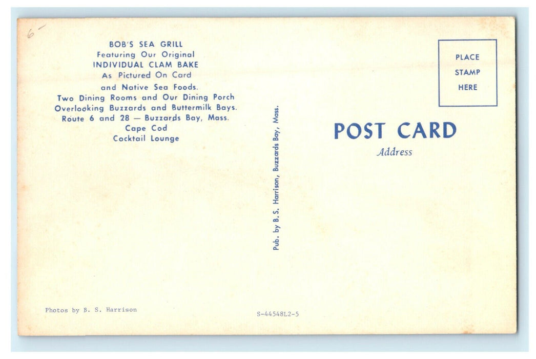 Bob's Sea Grill Restaurant Clam Bake Buzzard Bay Massachusetts MA Postcard