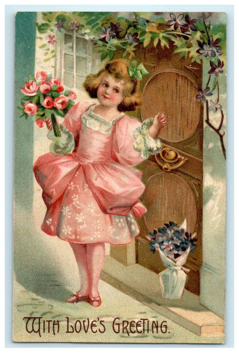 1903 Valentine Girl Dressed Gown Pink Holding Flowers Glen Rock PA Postcard