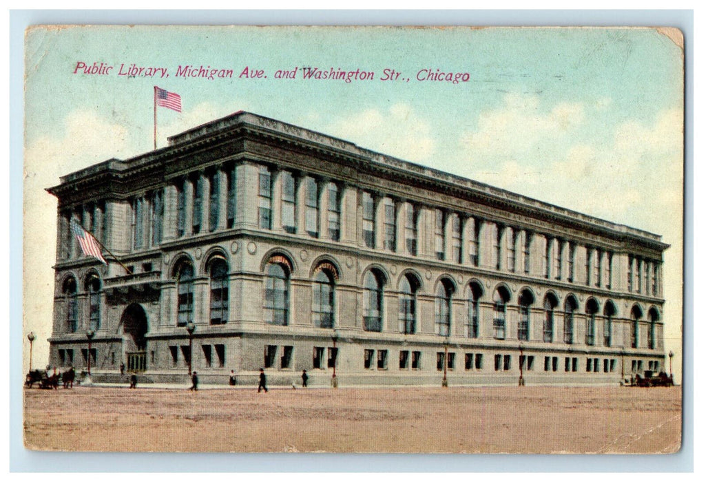 1911 Public Library, Michigan Ave. and Washington St. Chicago IL Postcard