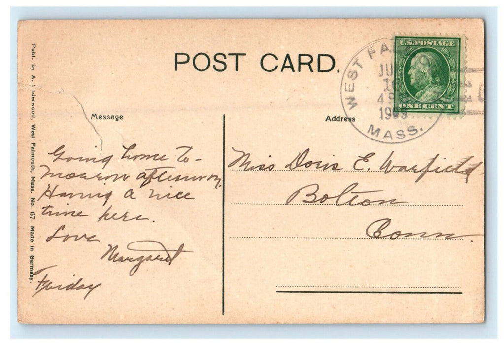 1909 Chapoquolt, West Falmouth, Massachusetts MA Looking South Antique Postcard