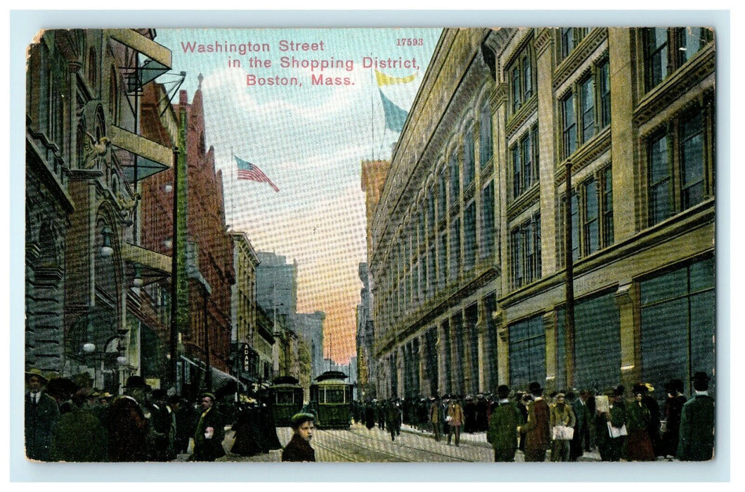 Washington Street Shopping District Trolley Train Boston Massachusetts Postcard