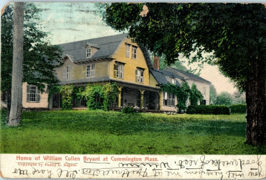 1908 Home of William Cullen Bryant, Cummington Massachusetts MA Cancel Postcard