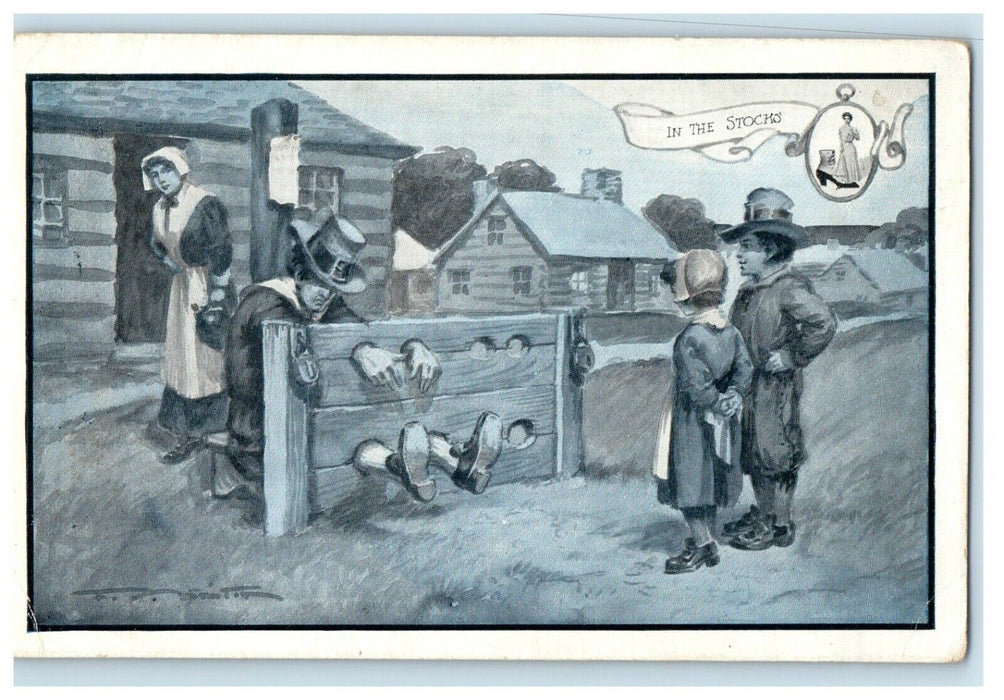 In the Stocks Pilgrim Punishment Plymouth Massachusetts MA Advertising Postcard
