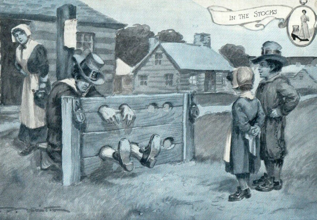 In the Stocks Pilgrim Punishment Plymouth Massachusetts MA Advertising Postcard