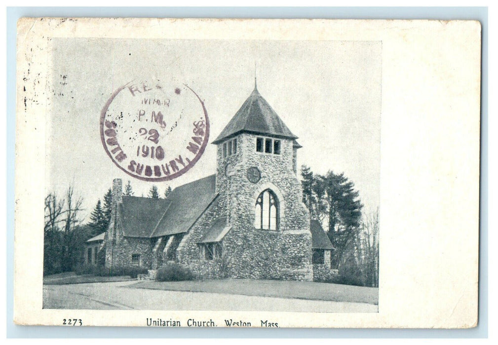 1910 Unitarian Church Tower Clock Weston Massachusetts MA Antique Postcard