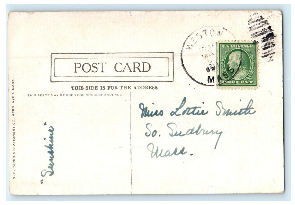 1910 Unitarian Church Tower Clock Weston Massachusetts MA Antique Postcard