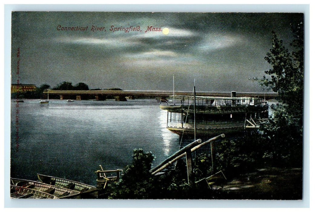 c1910s Moonlight at Connecticut River, Springfield, Massachusetts MA Postcard