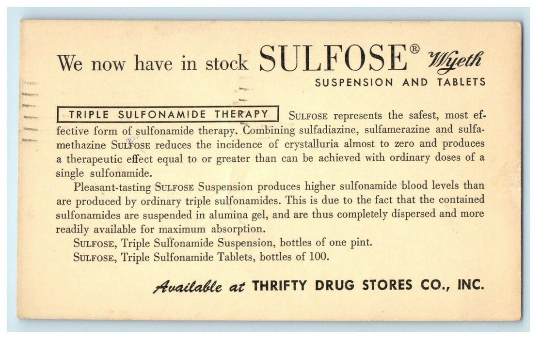 c1960's Sulfose Wyeth Advertising Medical San Bernardino CA Postcard