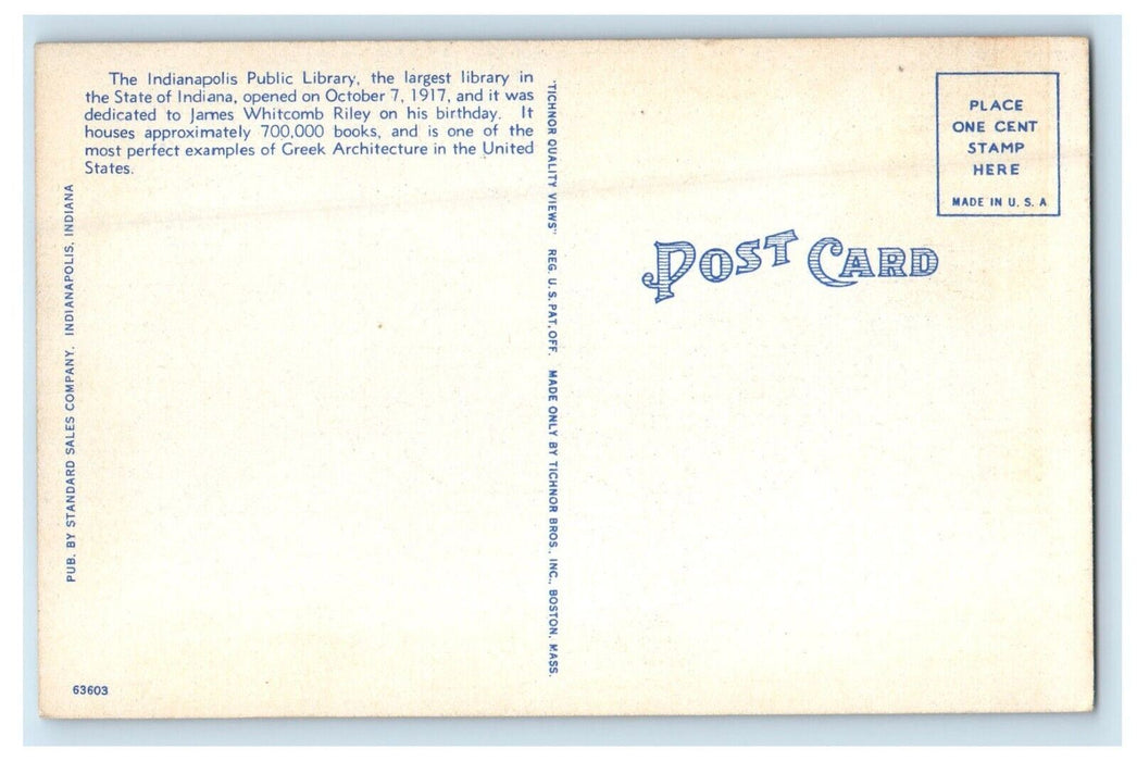 c1940's Indianapolis Public Library Building Street View Indiana IN Postcard