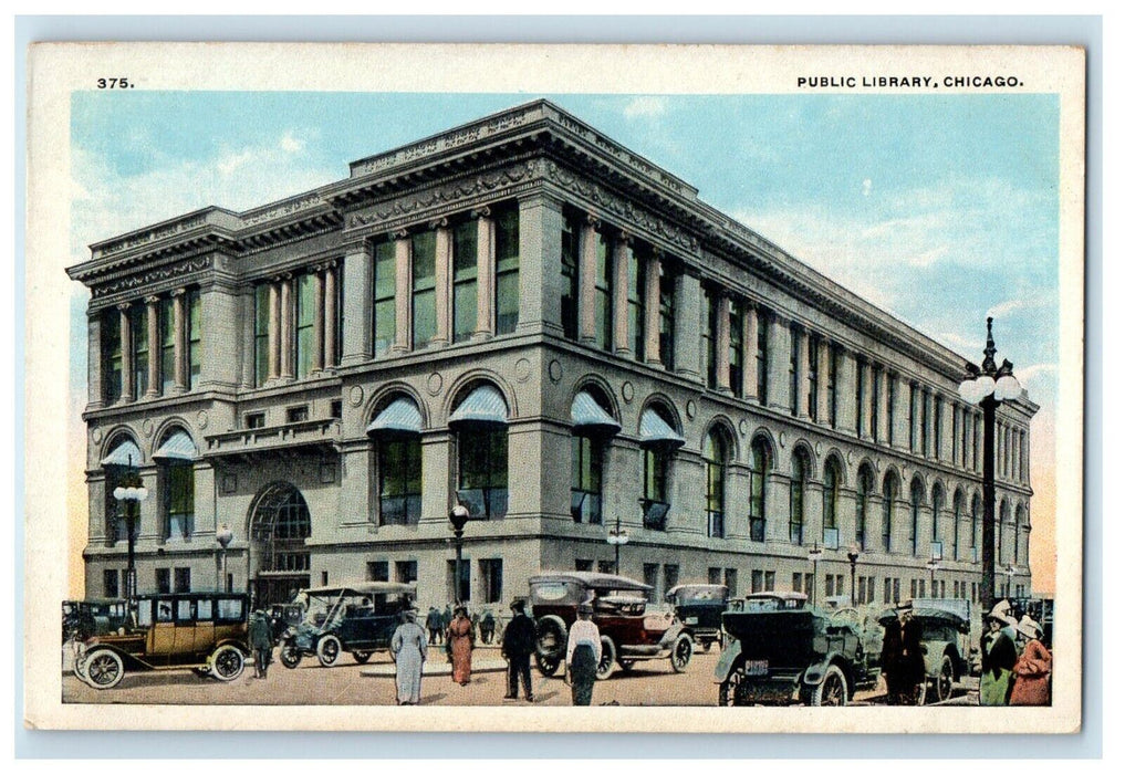 Chicago Illinois IL, Public Library Building Cars Street View Vintage Postcard