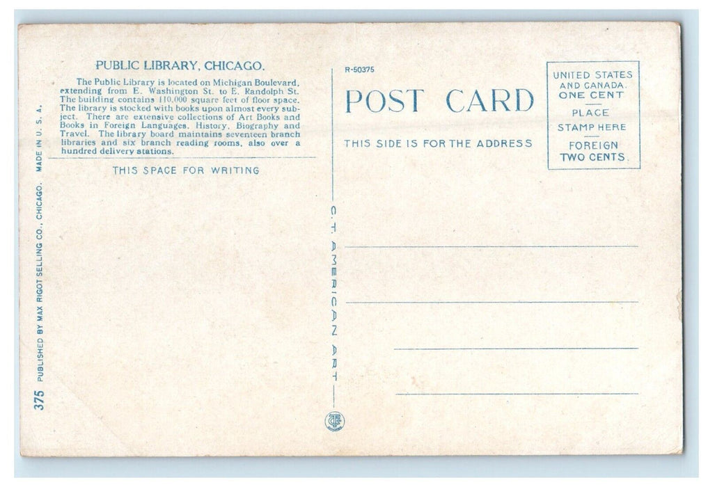 Chicago Illinois IL, Public Library Building Cars Street View Vintage Postcard
