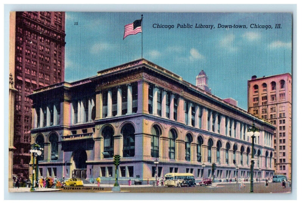 Chicago Public Library Street View Cars Downtown Chicago Illinois IL Postcard