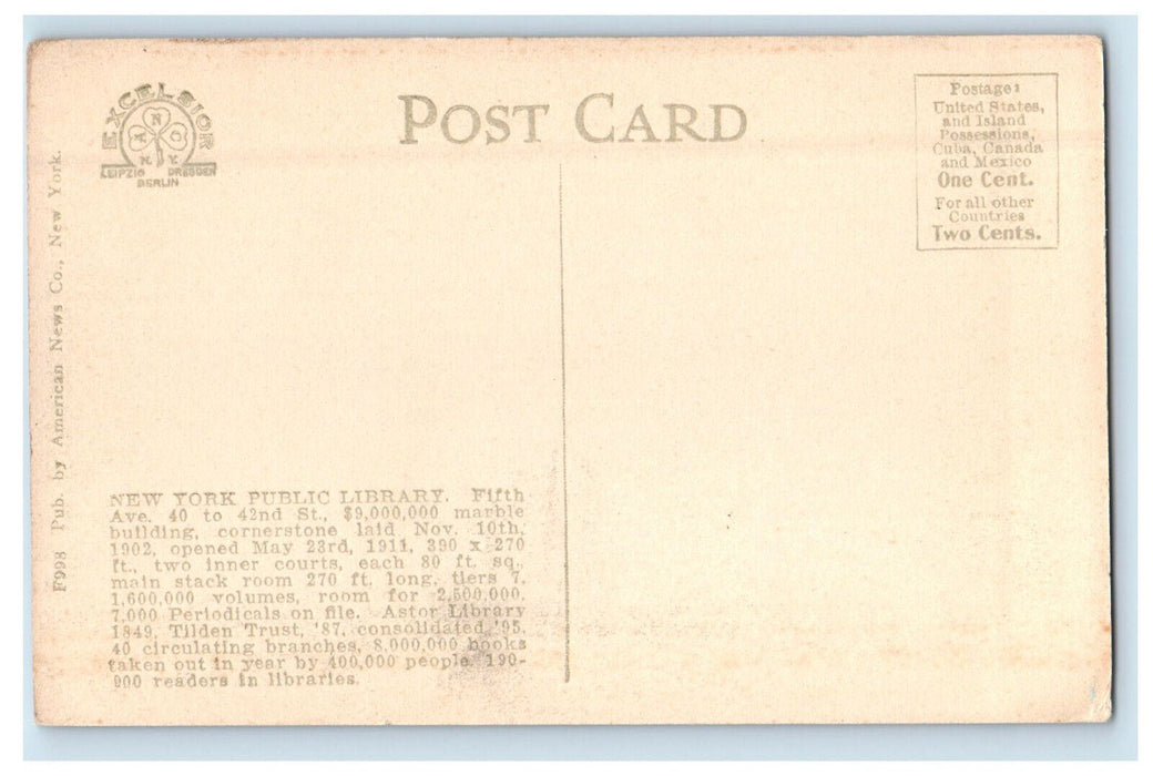 c1910 New York Public Library Fifth Avenue 40 to 42nd St. New York NY Postcard