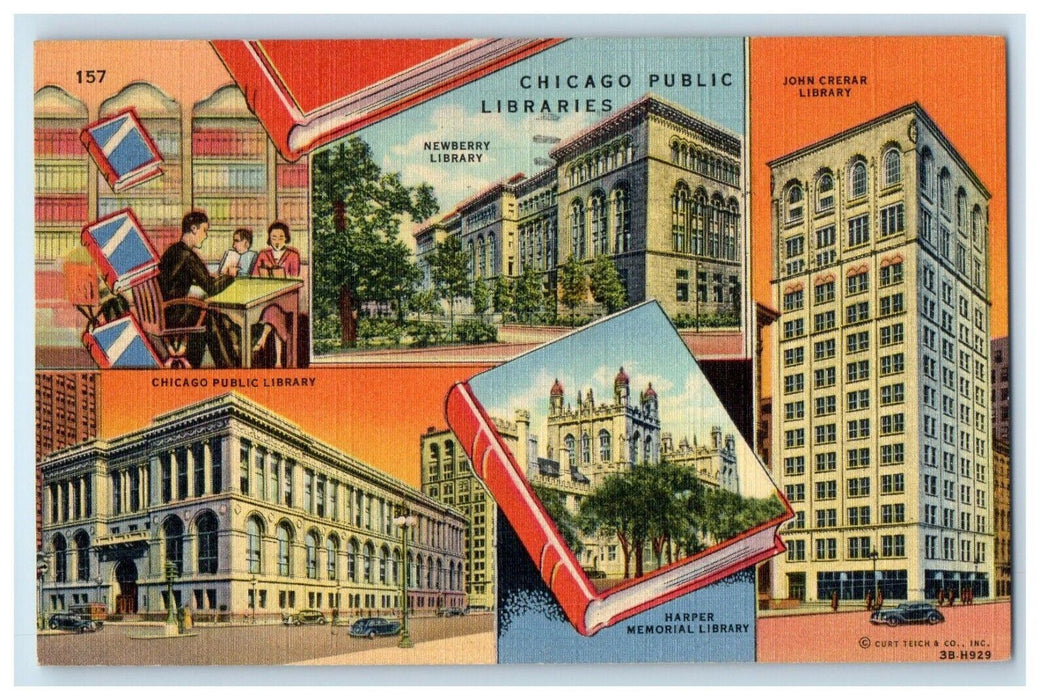 1949 Chicago Libraries Building Illinois IL Multiview Posted Vintage Postcard