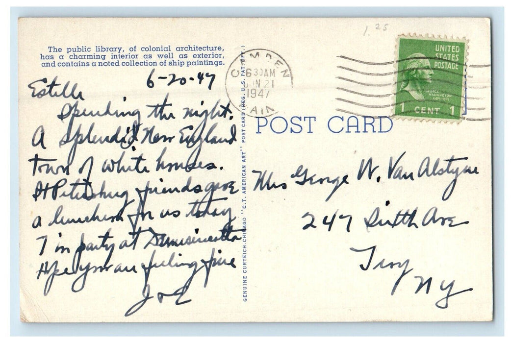1947 Public Library Building Camden Maine ME Posted Vintage Postcard