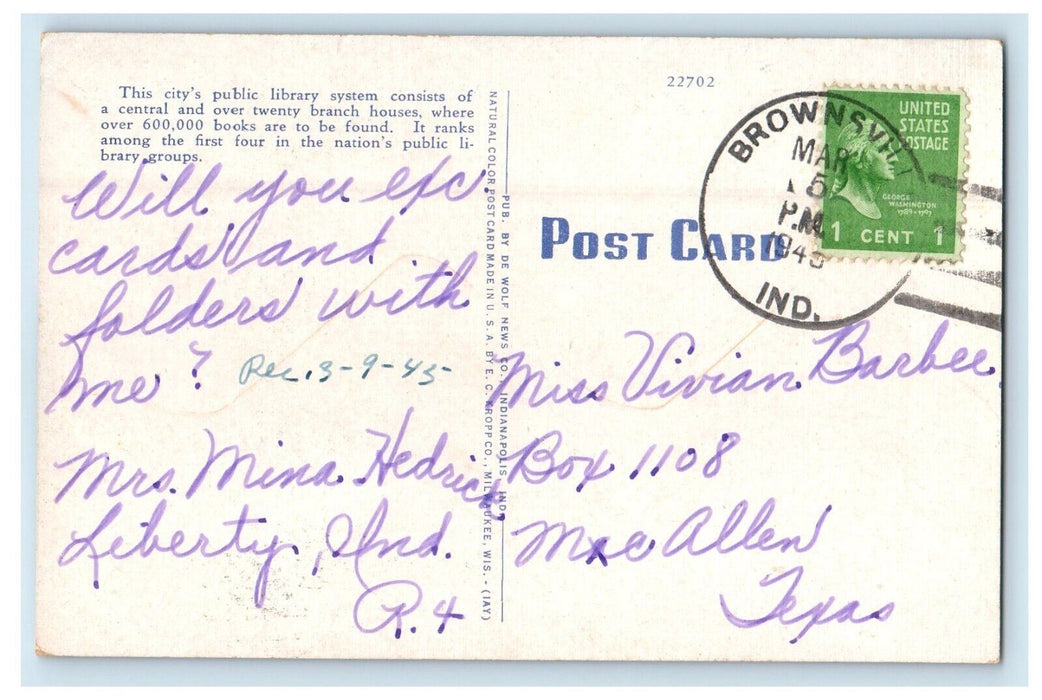1945 Public Library Building Street View Indianapolis Indiana IN Postcard
