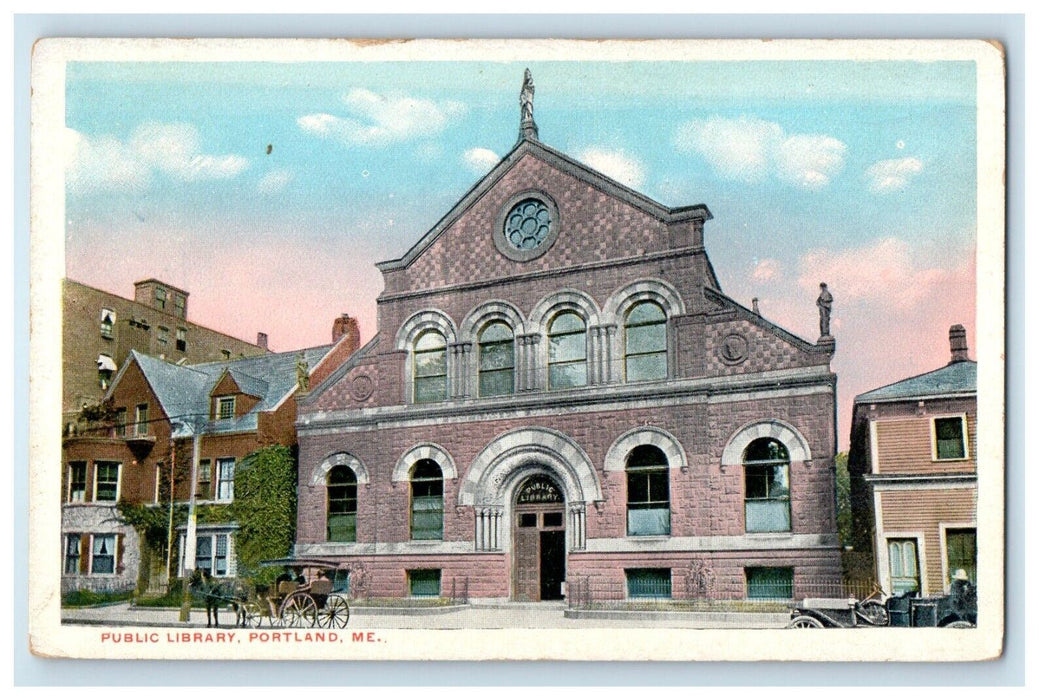 Public Library Building Street View Horse Carriage Portland Maine ME Postcard