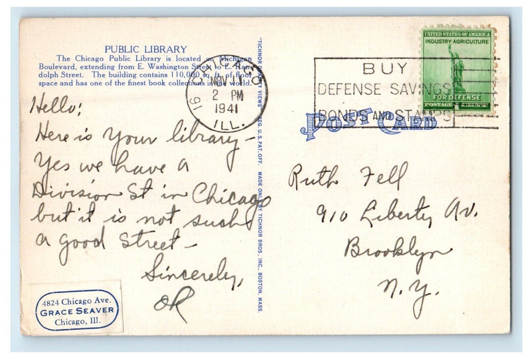 1941 Public Library Randolph And Michigan Streets Chicago IL Vintage Postcard