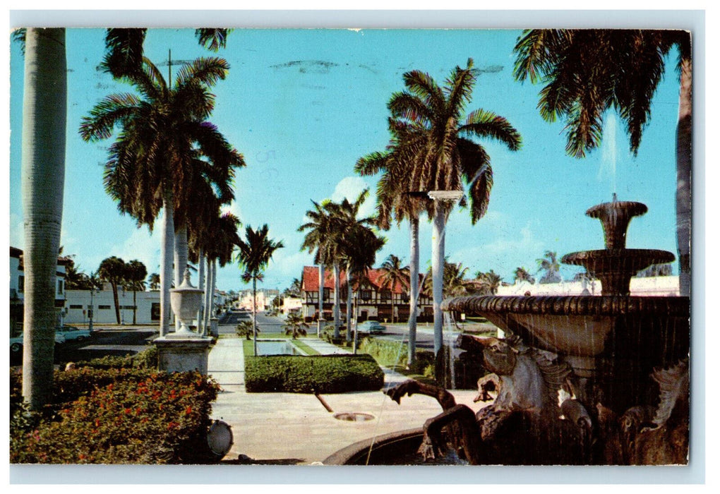 1971 South County Road View, Memorial Fountain, Palm Beach Florida FL Postcard